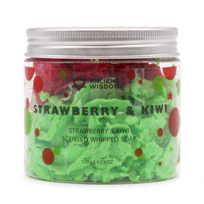 A 120g clear jar containing vibrant green whipped cream soap with a fresh strawberry and kiwi fruit fragrance.