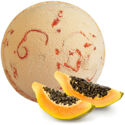 A large 180g yellow and orange marbled round bath bomb with a tropical papaya scent and moisturizing coconut oil ingredients.