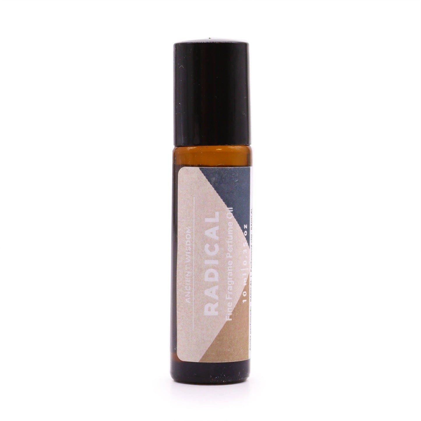 A 10ml glass rollerball bottle of Radical fine fragrance with a tan and black label design.