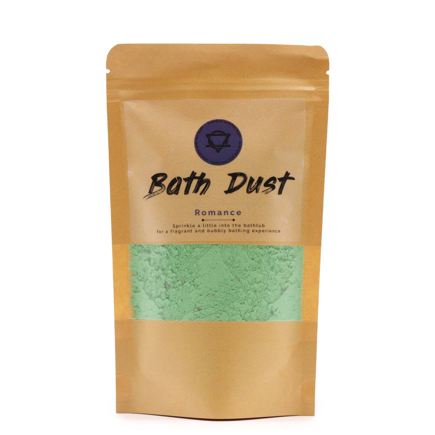 A 190g eco-friendly pouch containing pink fizzy bath dust with a delicate floral fragrance.