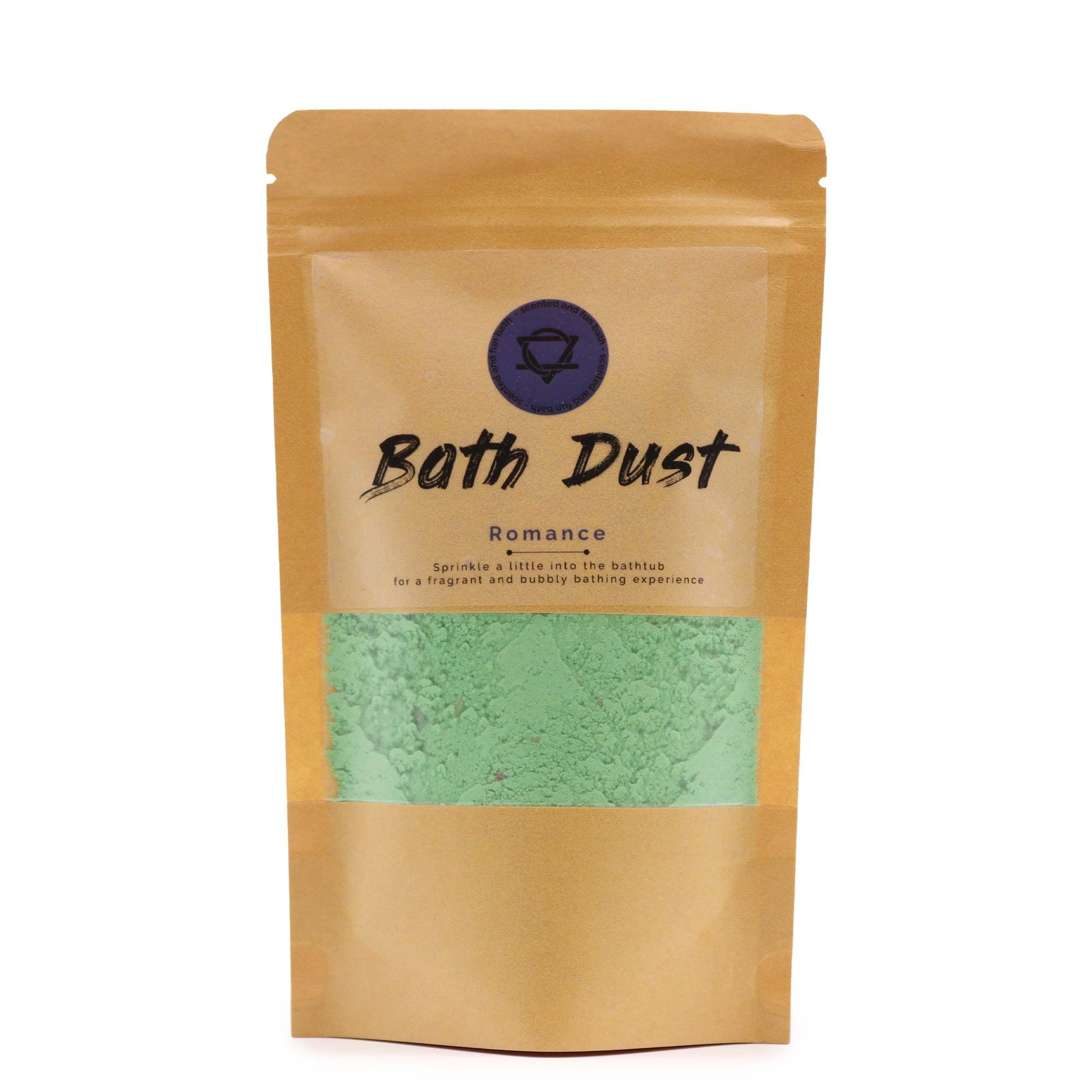A 190g eco-friendly pouch containing pink fizzy bath dust with a delicate floral fragrance.