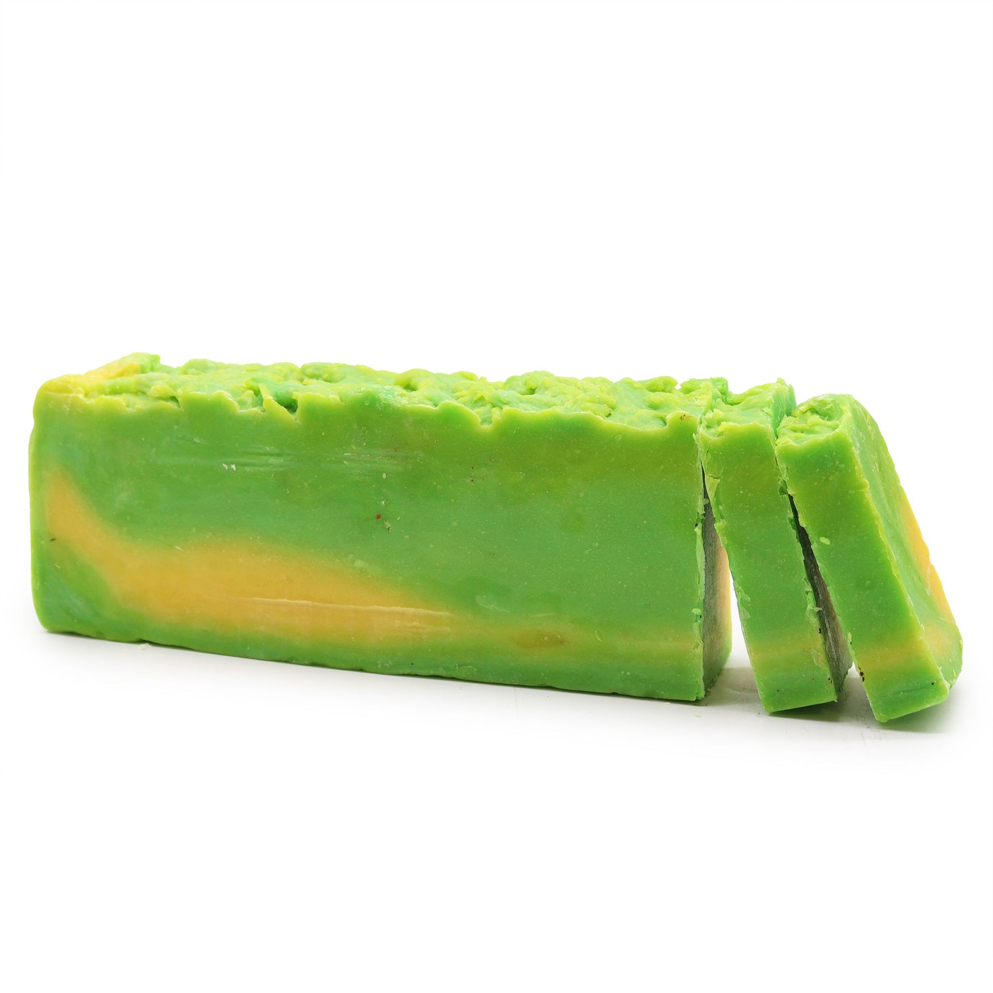 A 110g artisan green and cream marbled olive oil soap slice featuring skin-mimicking jojoba oil.