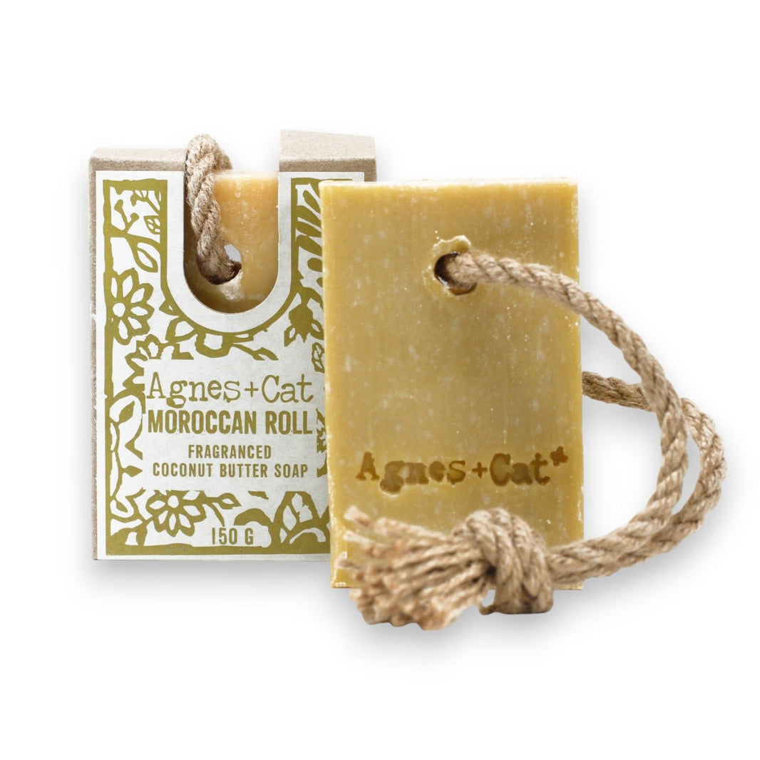 A 150g earth-toned artisan soap on a rope, scented with spicy Moroccan-inspired notes and featuring a rustic hanging cord.