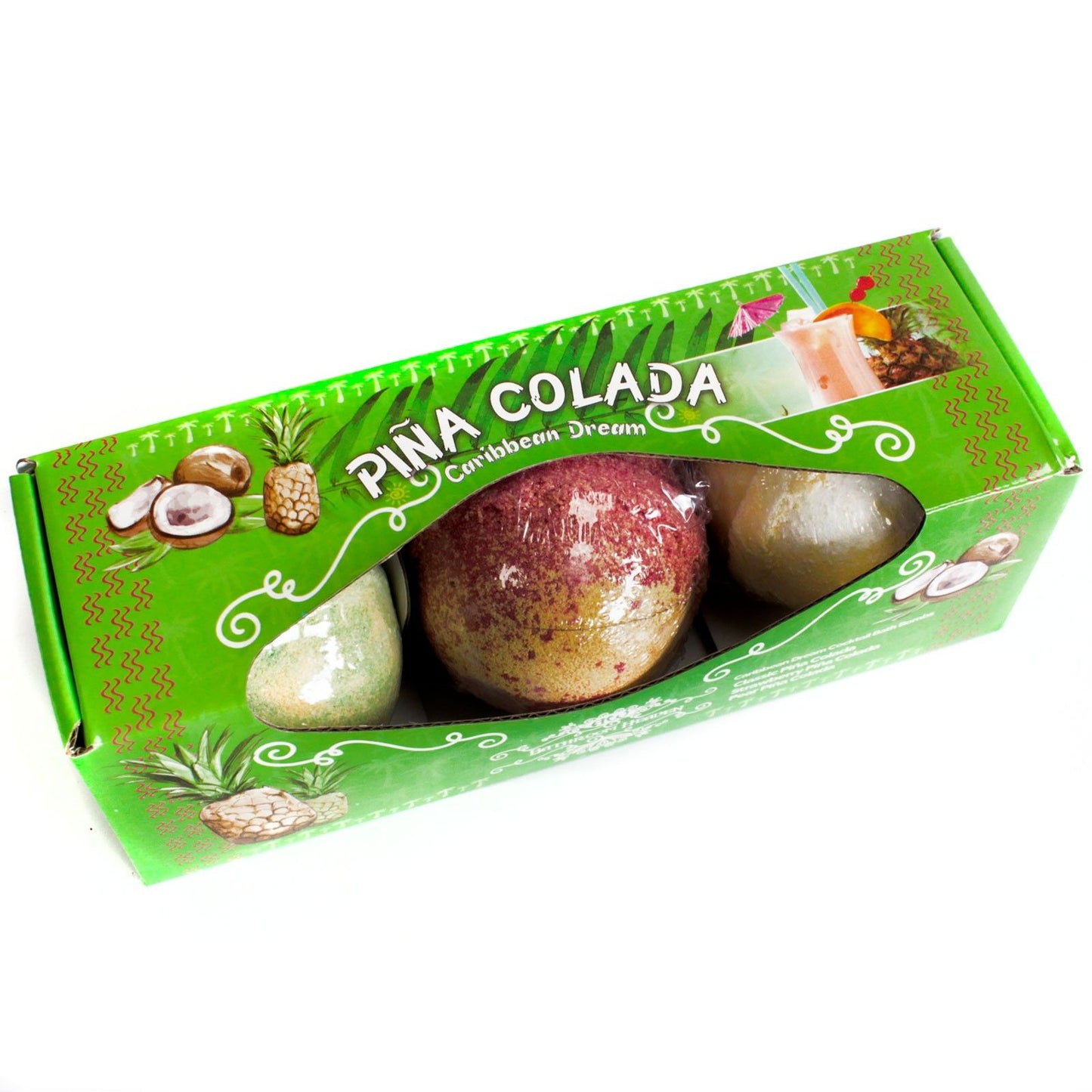 Three large 120g tropical-themed bath bombs in a gift box, featuring green and white coconut and pineapple designs.