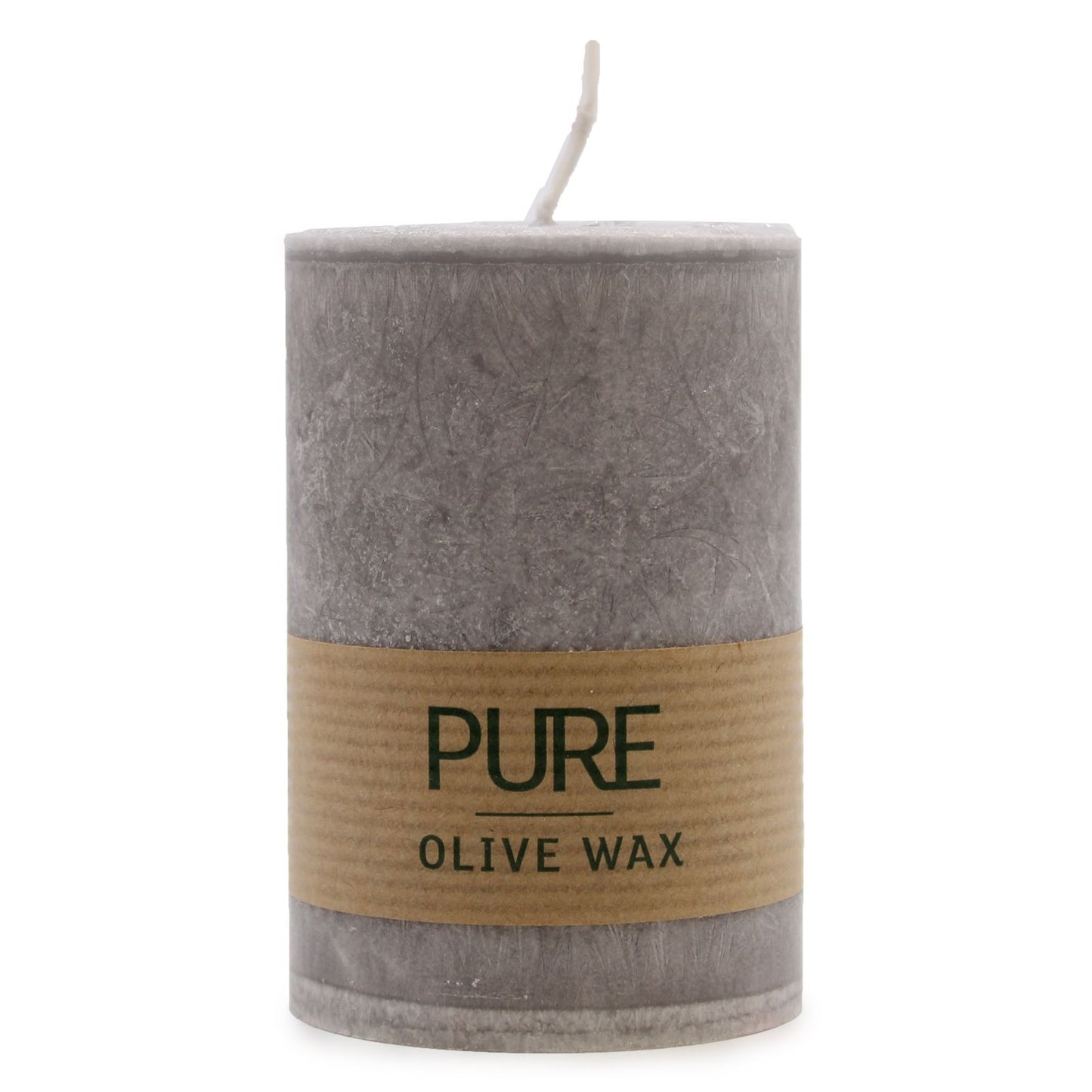 A textured grey pillar candle made from sustainable olive wax, featuring a rustic and organic crystalline finish.