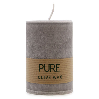 A textured grey pillar candle made from sustainable olive wax, featuring a rustic and organic crystalline finish.