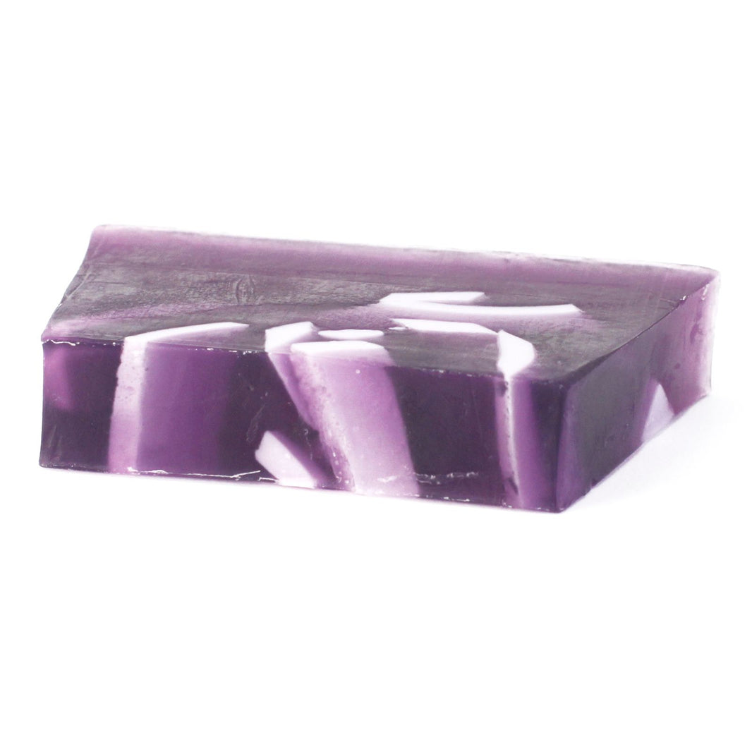 A 100g purple marbled artisan soap slice featuring a sweet and fruity Texas Dewberry fragrance.