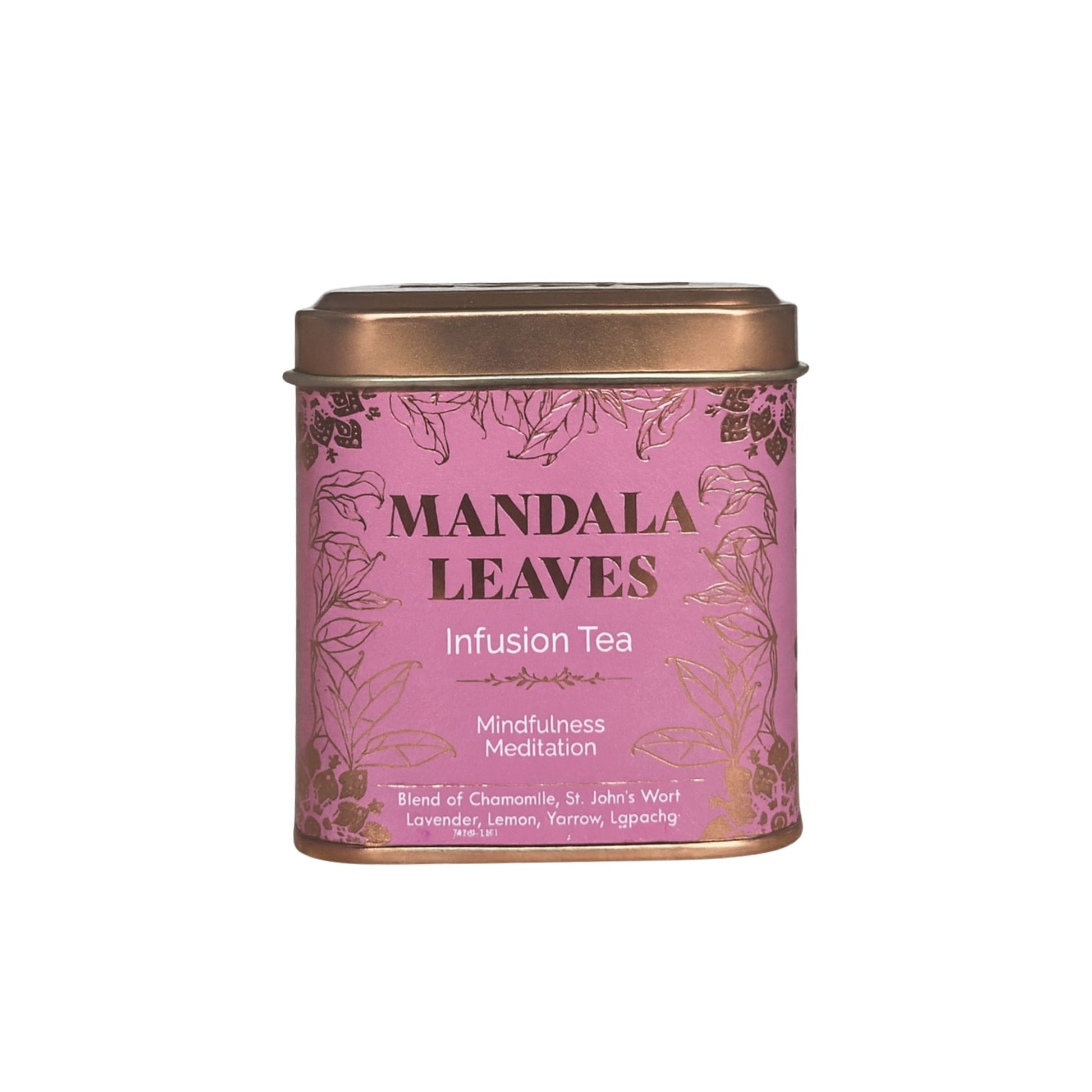A small pink-labeled square tea tin containing a calming mixture of dried botanical leaves and golden flower petals.