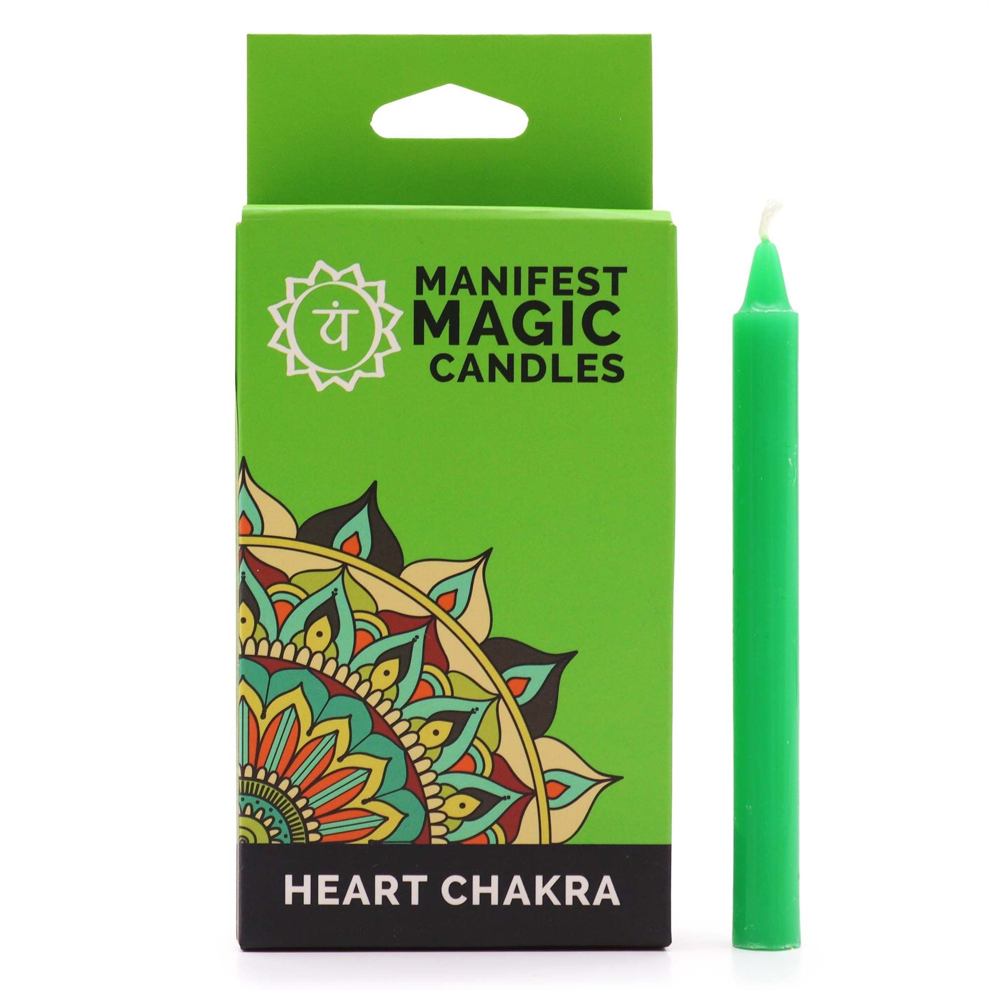 A green ritual candle box showing heart chakra motifs, holding twelve slim green candles for intention setting.