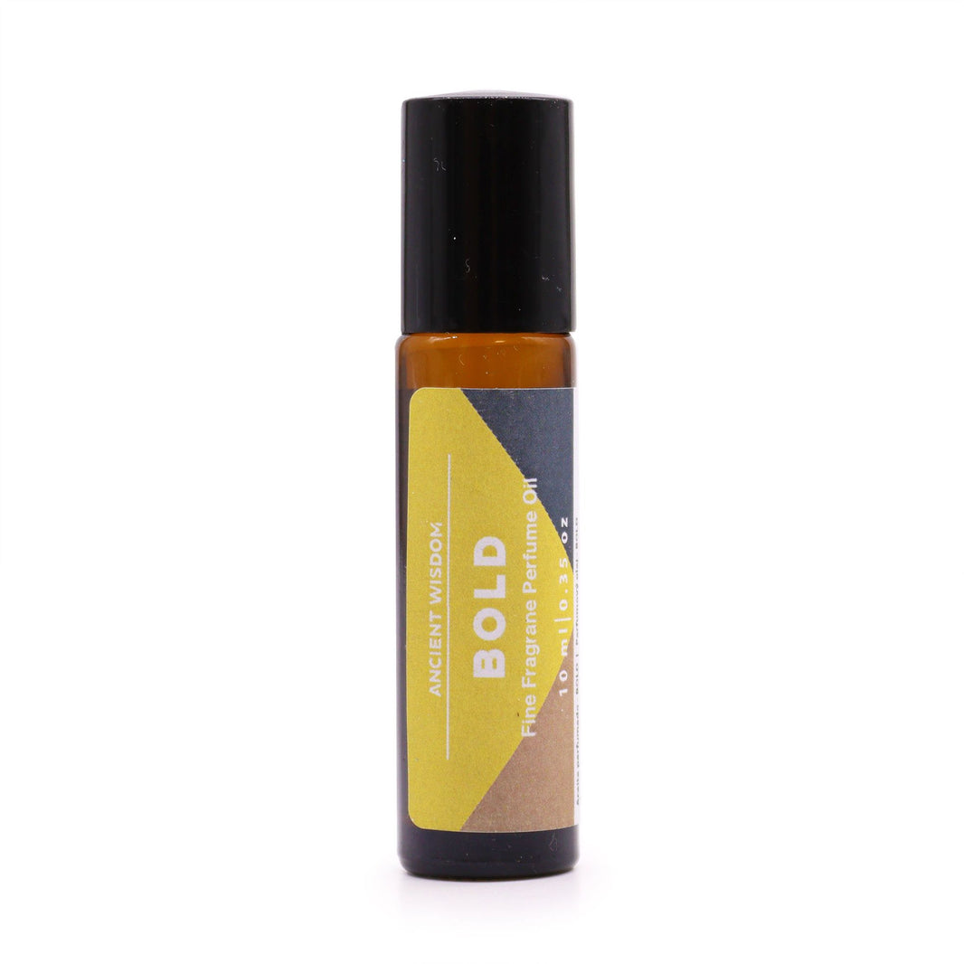 A slim glass perfume rollerball bottle with a sophisticated orange and black label and a professional metallic cap.