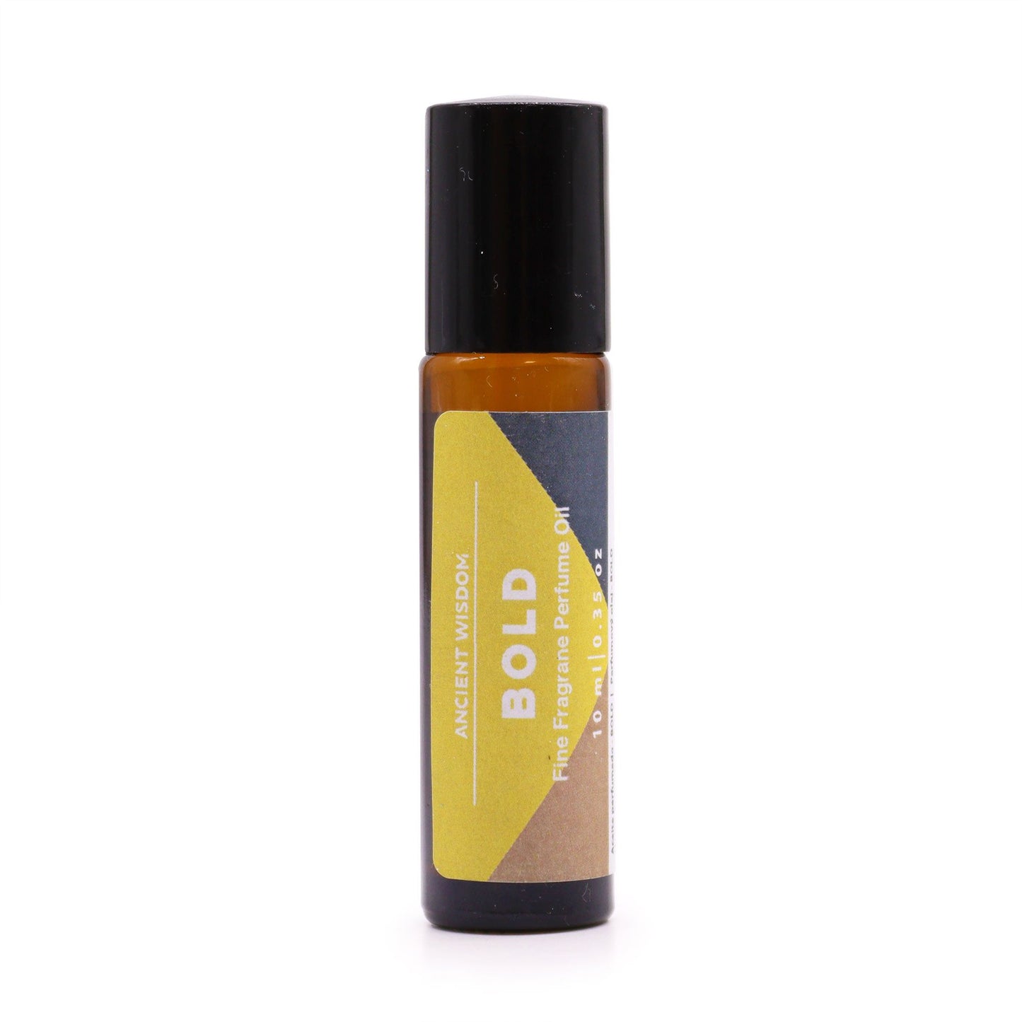 A slim glass perfume rollerball bottle with a sophisticated orange and black label and a professional metallic cap.