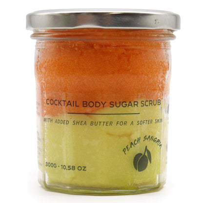 A large 300g jar of vibrant orange sugar body scrub featuring a sweet and zesty peach sangria scent.
