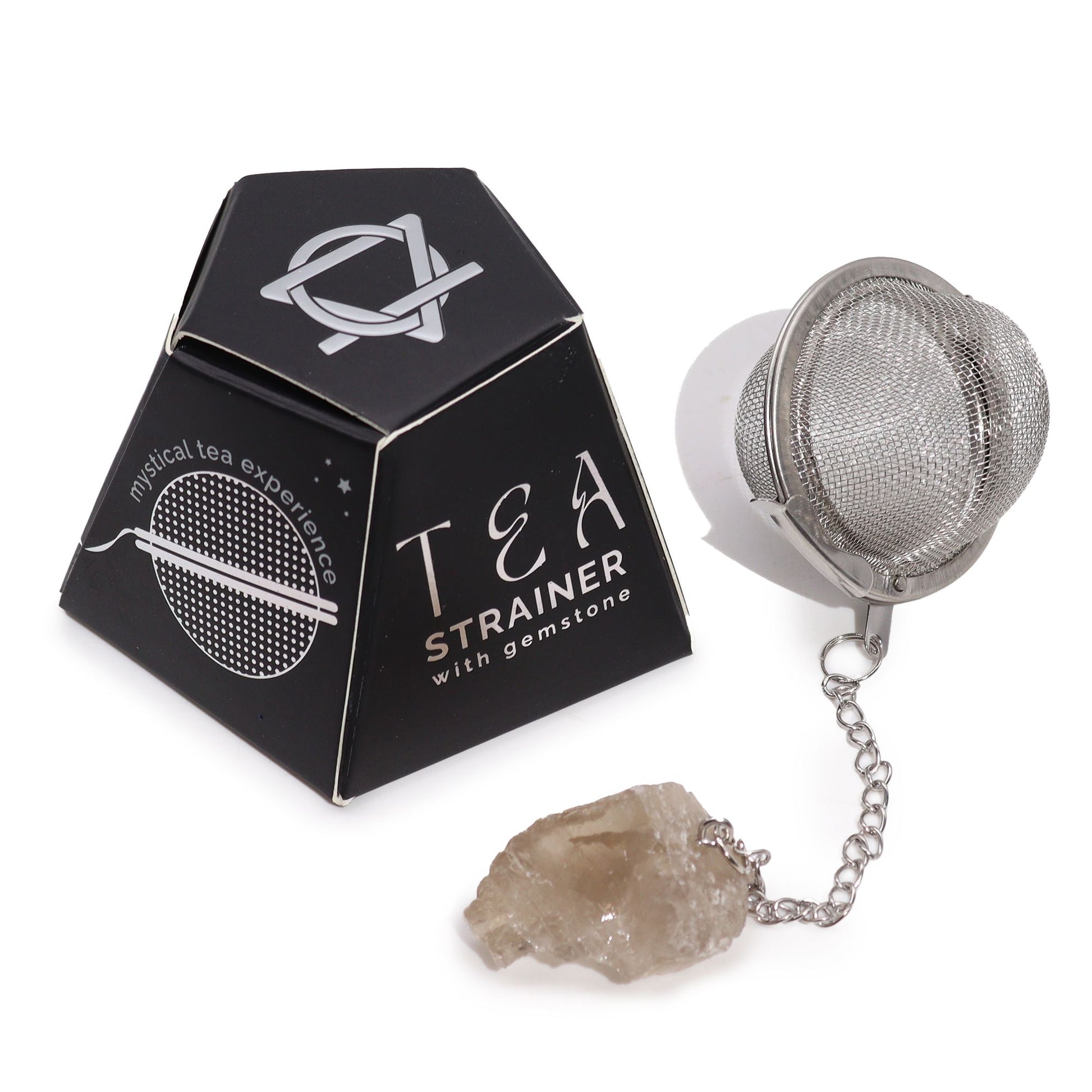 Silver mesh tea strainer with a raw smoky quartz crystal pendant, perfect for holistic and spiritual tea rituals.