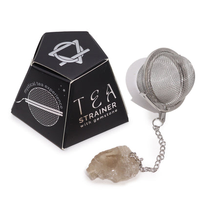 Silver mesh tea strainer with a raw smoky quartz crystal pendant, perfect for holistic and spiritual tea rituals.