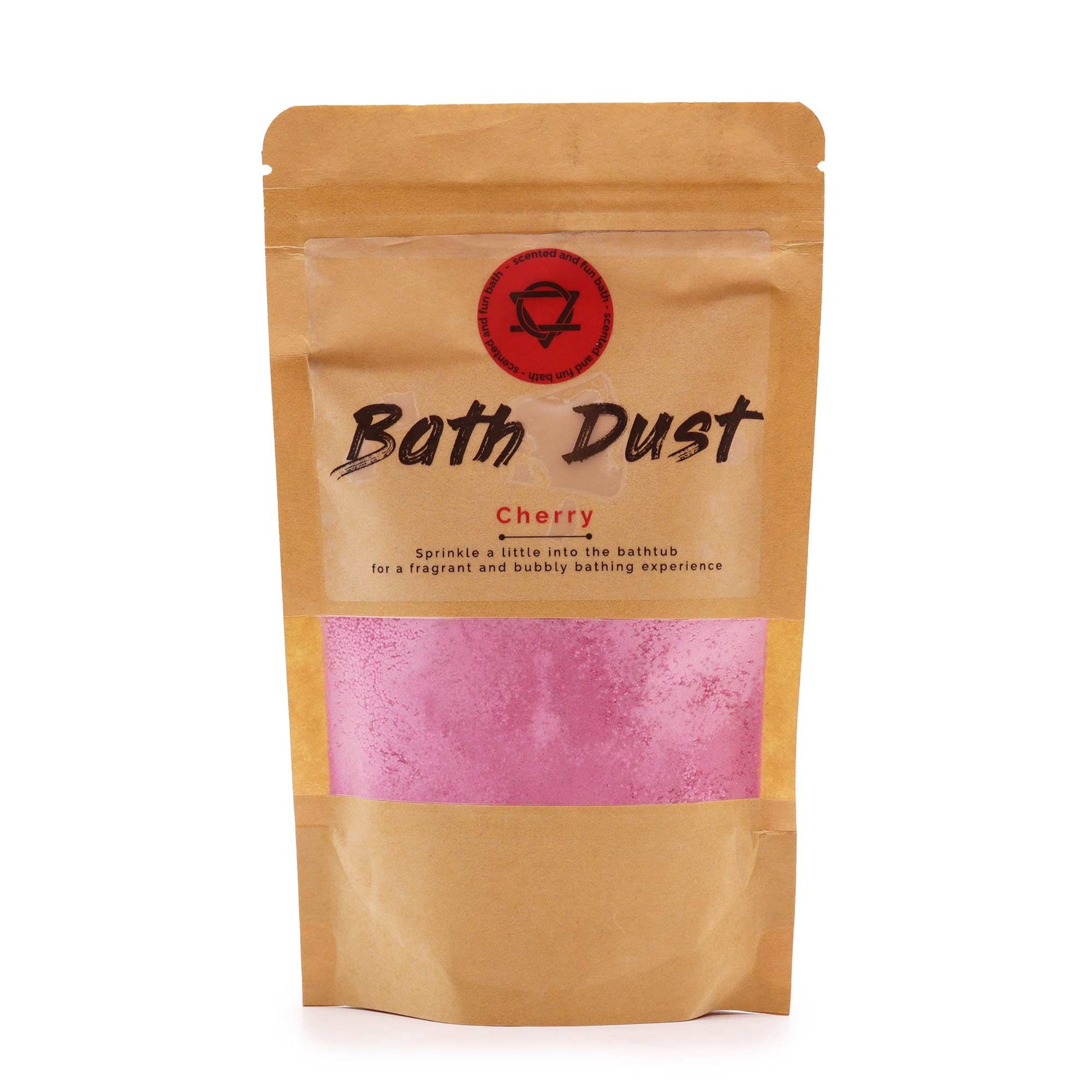 A stand-up kraft paper pouch containing bright pink-tinted aromatic bath powder with a vintage cherry illustration.