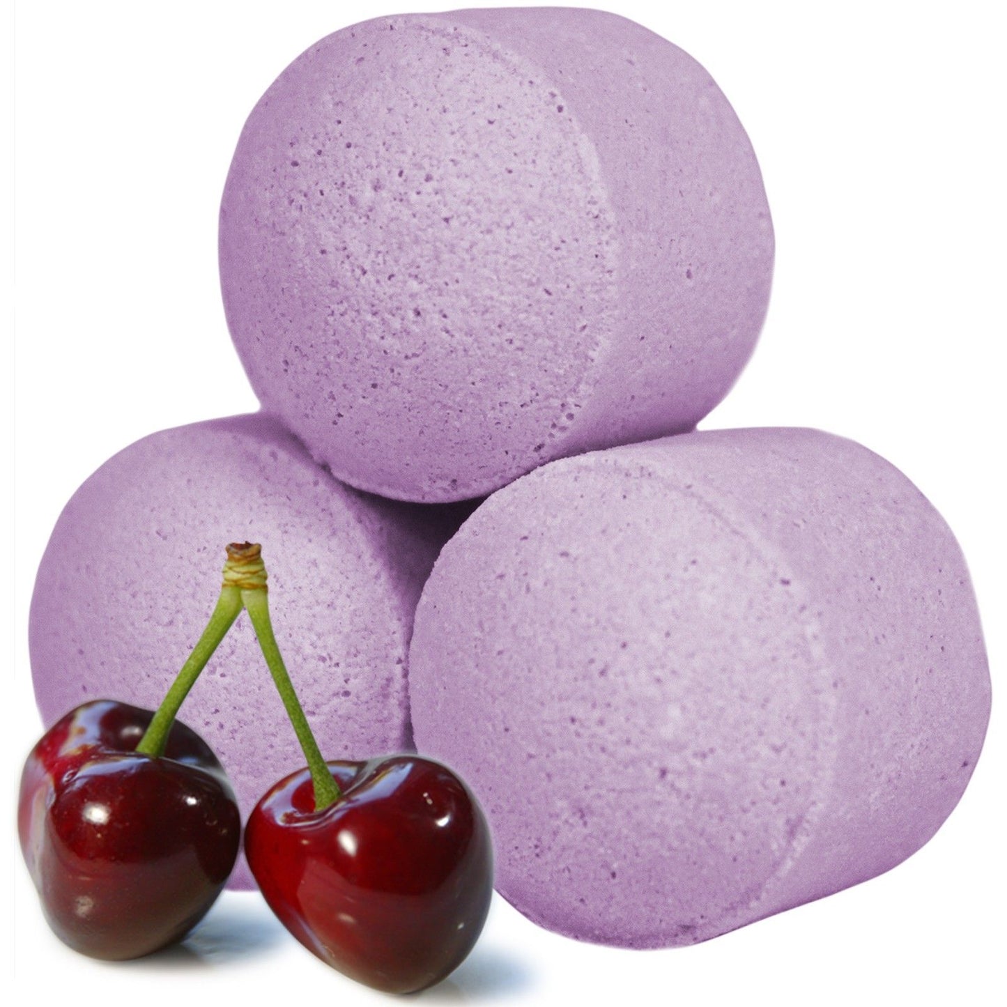 A bulk quantity of deep purple mini bath bombs shown with ripe black cherries for a decadent visual appeal.