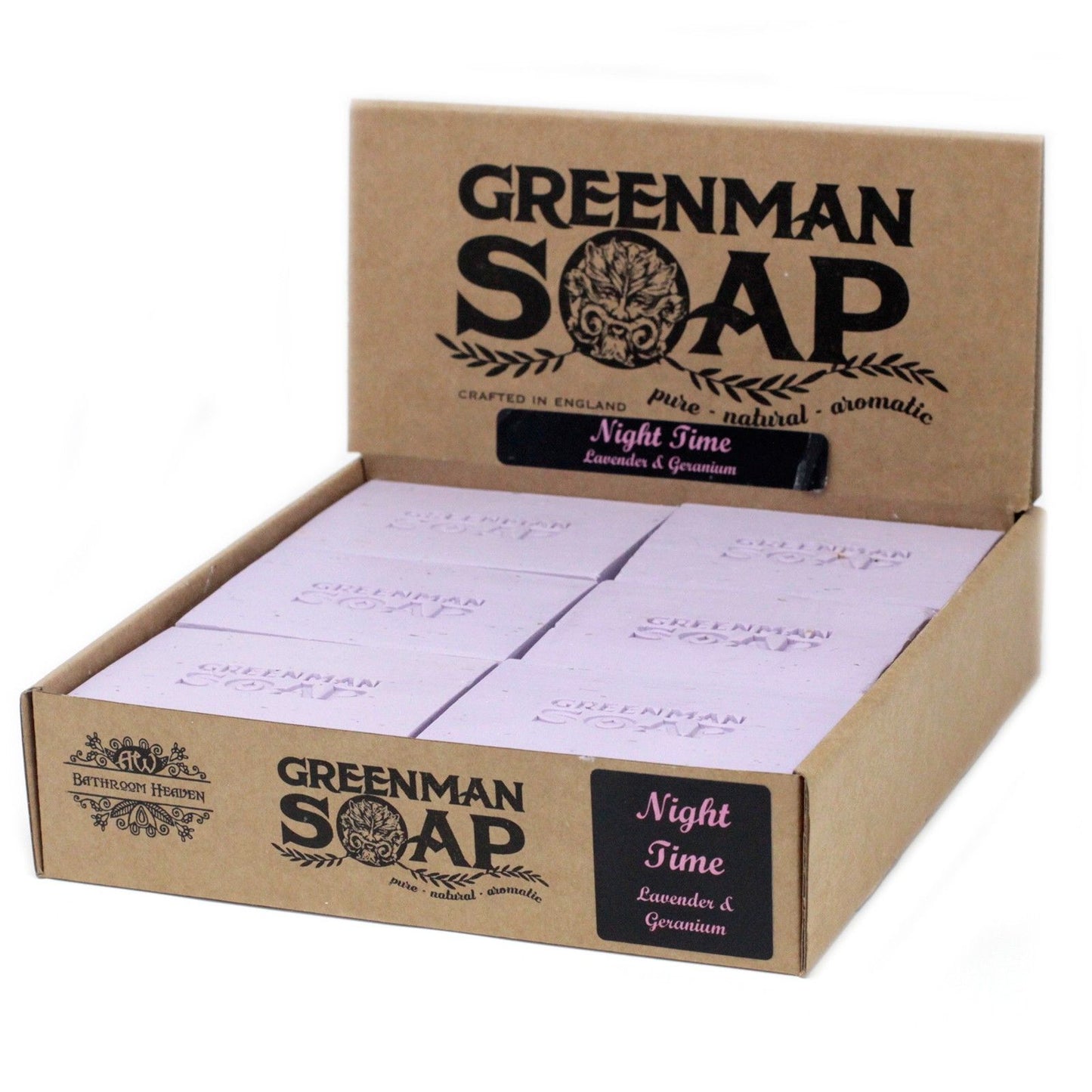 A 100g artisan Greenman soap bar with natural herbal inclusions and a rustic "Night Time" paper wrapper.