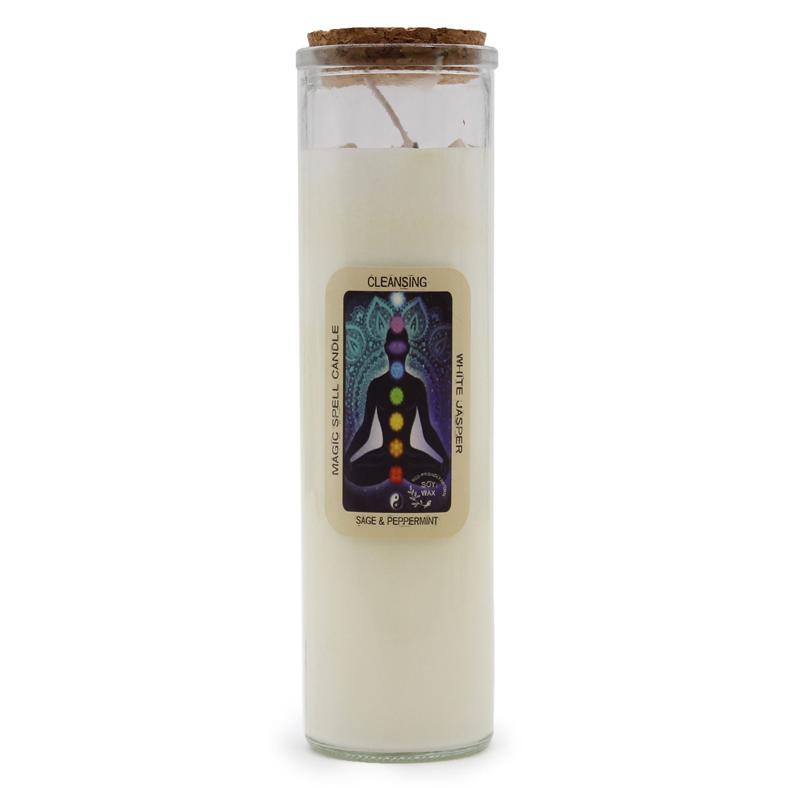 A tall white spell candle featuring a 'Cleansing' label with grey and silver mystical purity symbols.