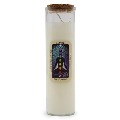 A tall white spell candle featuring a 'Cleansing' label with grey and silver mystical purity symbols.