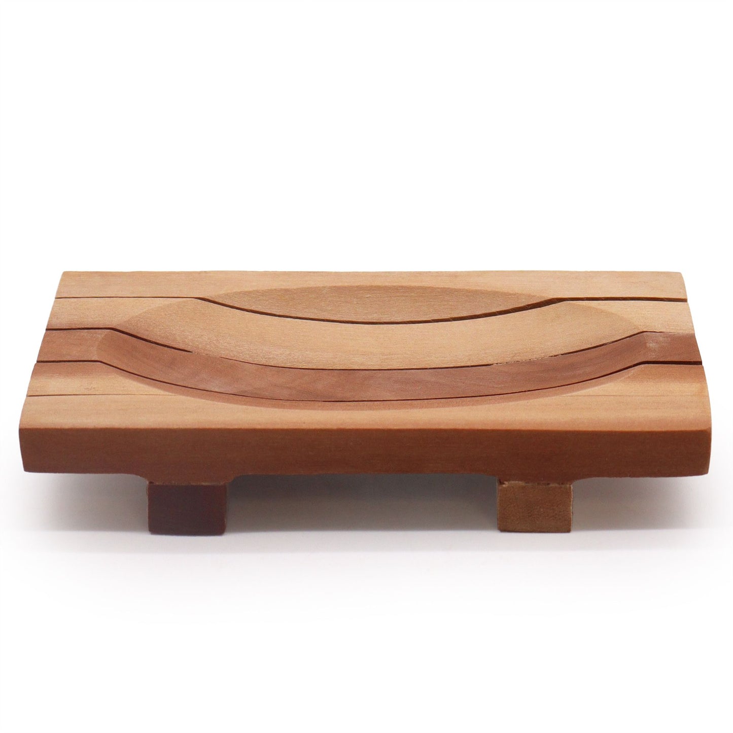 A rectangular mahogany wood soap holder featuring deep horizontal drainage grooves and a rich, dark polished finish.
