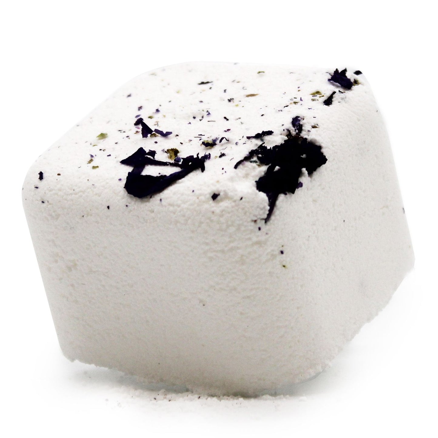 A white square shower steamer tablet with dark botanical speckles, designed to release uplifting essential oils.