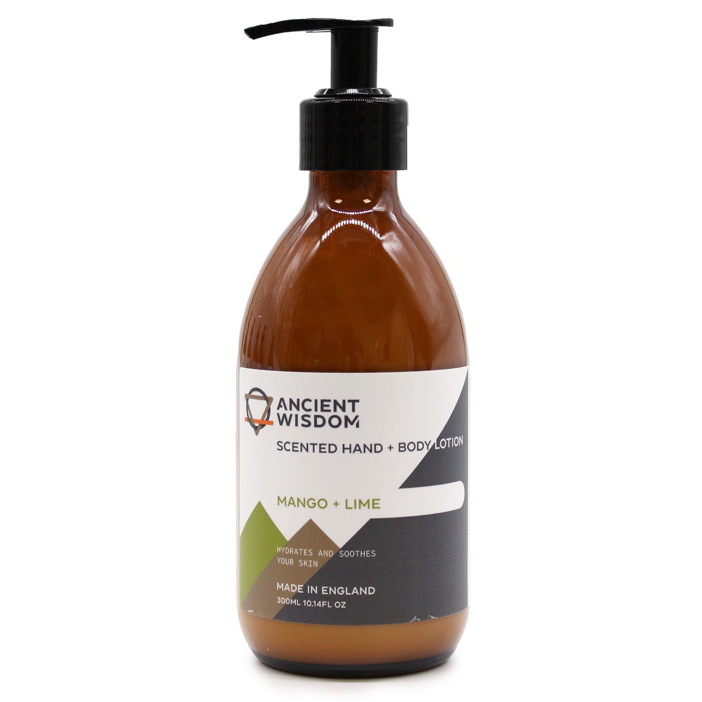 A 300ml amber pump bottle of Mango and Lime body lotion with a professional white and gold apothecary-style label.