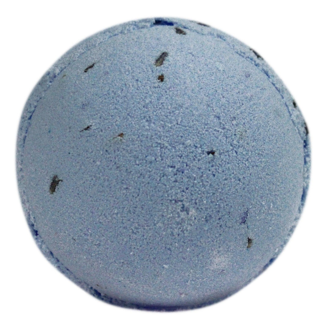 A jumbo 180g blue-grey bath bomb decorated with real botanical seeds and scented with calming lavender.