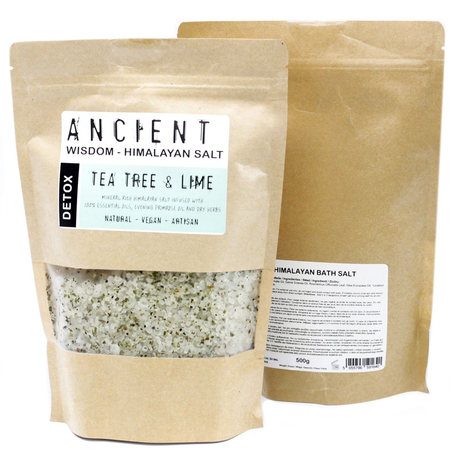 A 500g eco-friendly pouch of pink Himalayan bath salts for a purifying and detoxifying home spa ritual.