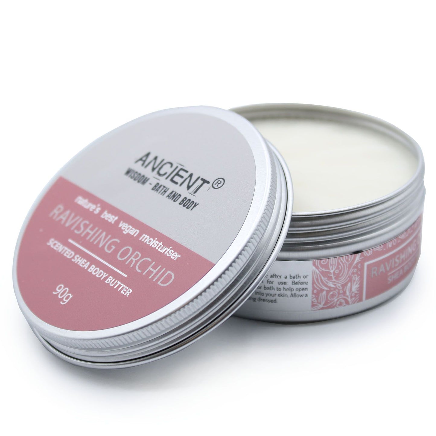 A 90g jar of mauve-toned shea body butter featuring an elegant orchid fragrance and a luxury minimalist label.