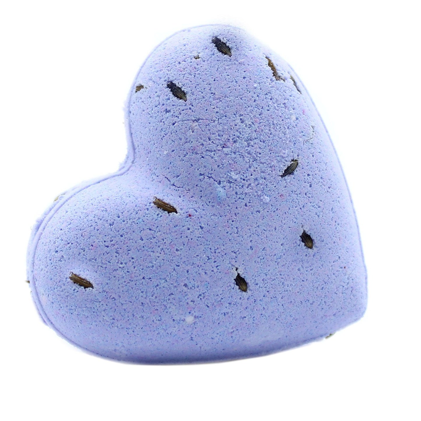 A light purple, heart-shaped 70g bath bomb decorated with dark lavender botanical flecks.