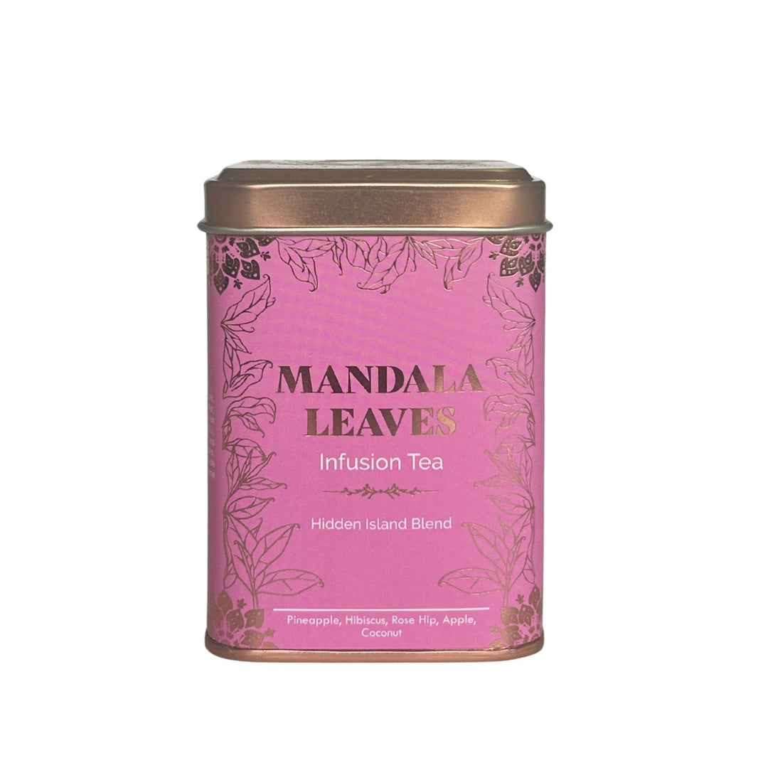 A vibrant pink tea tin designed for the Hidden Islands exotic fruit herbal infusion blend.