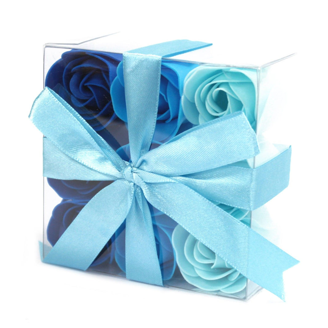 An elegant square gift box featuring 9 realistic blue soap roses arranged in a decorative floral display.