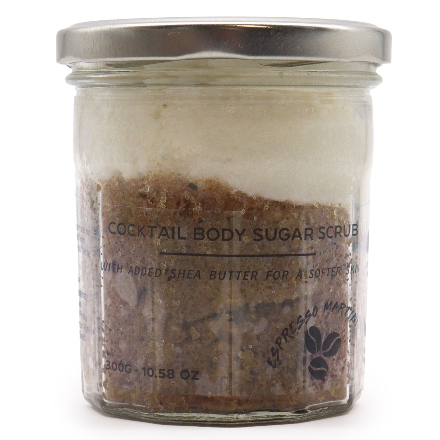 A 300g jar of dark-toned sugar body scrub infused with a rich, aromatic espresso martini coffee scent.