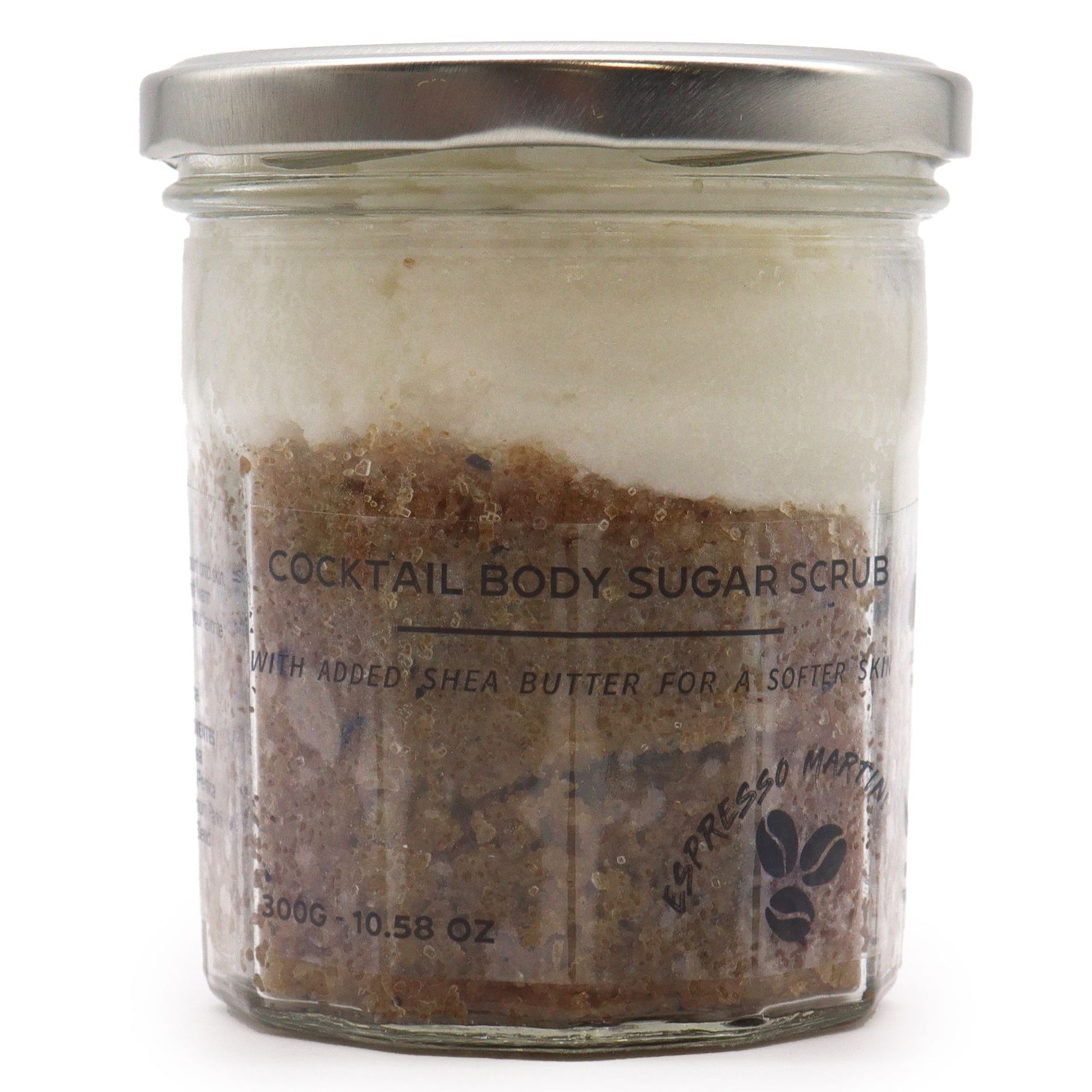 A 300g jar of dark-toned sugar body scrub infused with a rich, aromatic espresso martini coffee scent.