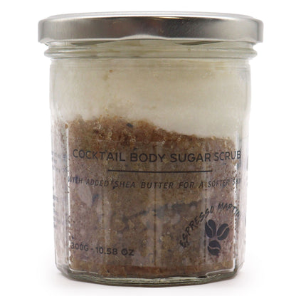A 300g jar of dark-toned sugar body scrub infused with a rich, aromatic espresso martini coffee scent.
