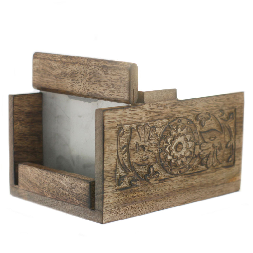 A decorative, hand-carved mango wood soap cutting box with an antique finish, designed for slicing handmade soap loaves.