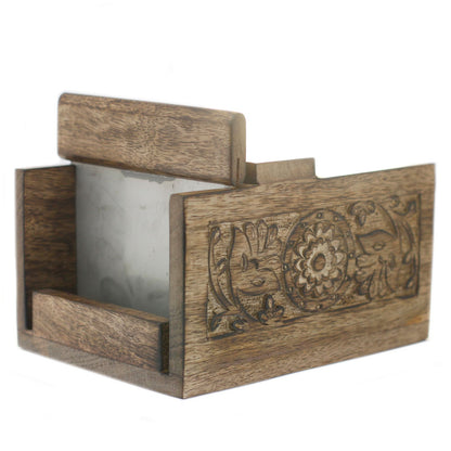 A decorative, hand-carved mango wood soap cutting box with an antique finish, designed for slicing handmade soap loaves.