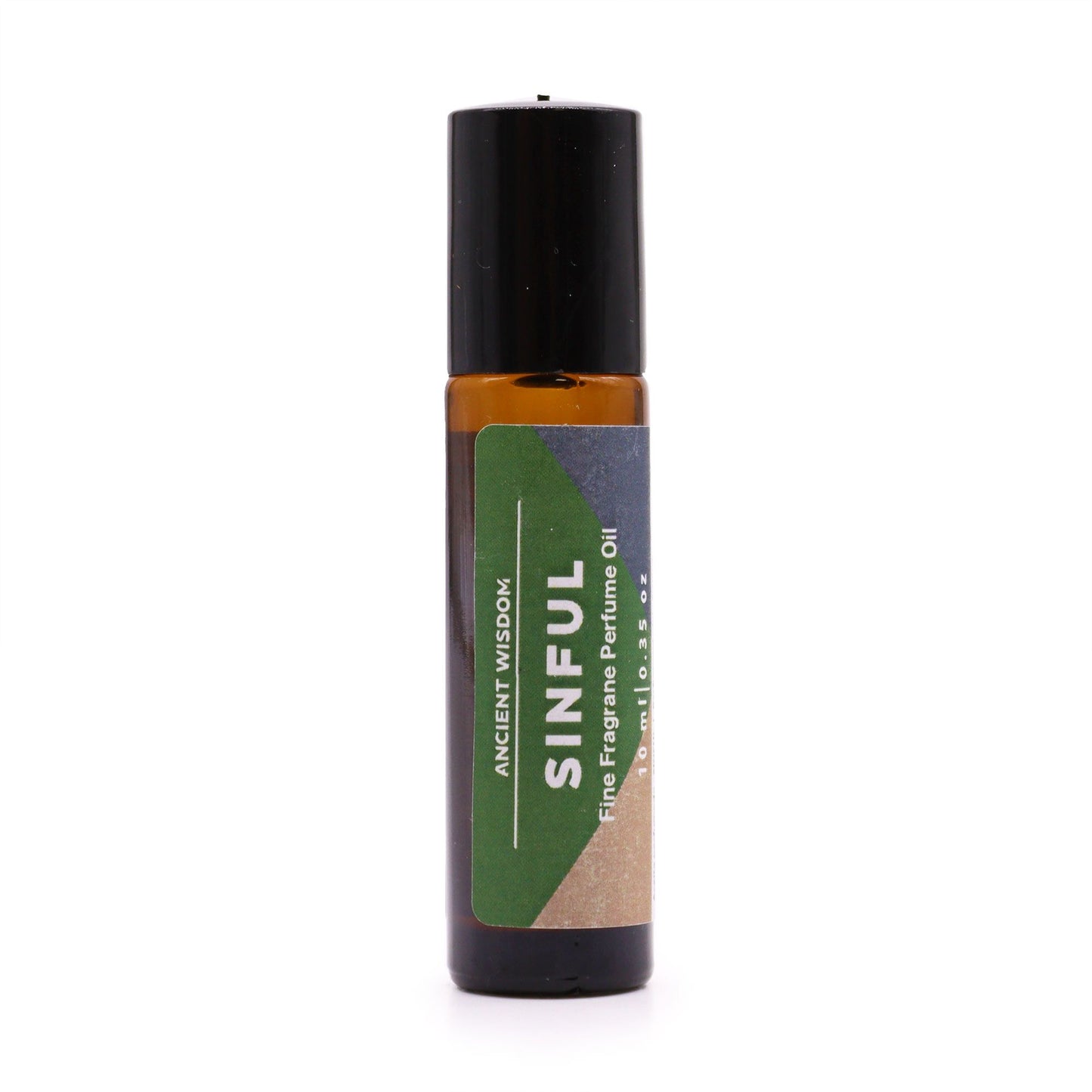 A 10ml glass rollerball bottle of Sinful perfume oil with a sleek black cap and professional minimalist label.