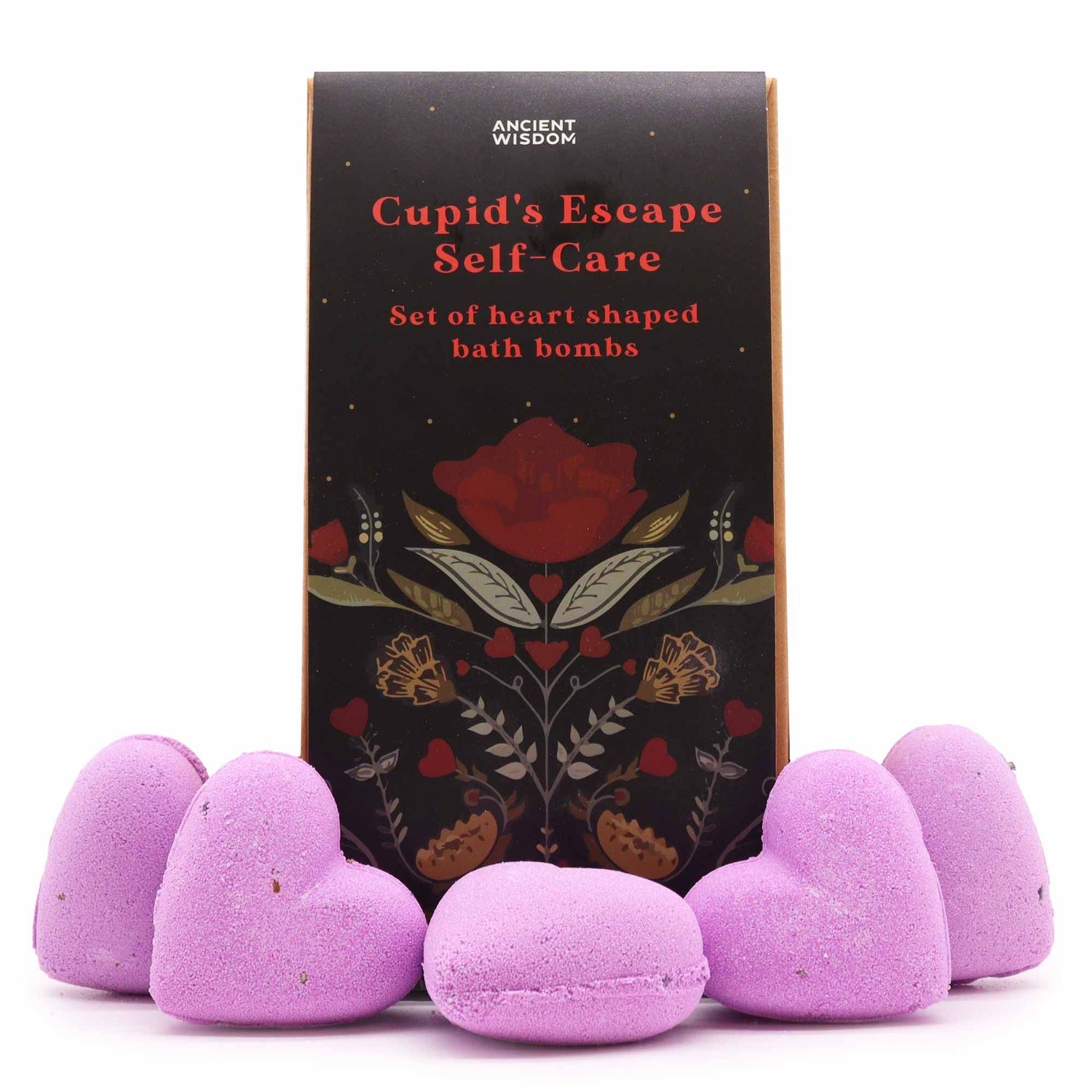 A gift box containing multiple pink and red heart-shaped bath bombs, branded as Cupid's Escape Self Care.