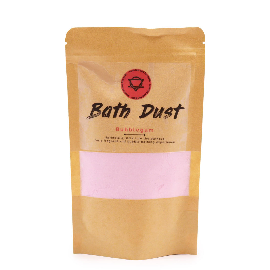 A stand-up kraft paper pouch containing light pink aromatic bath fizzing powder with a vintage-style label.