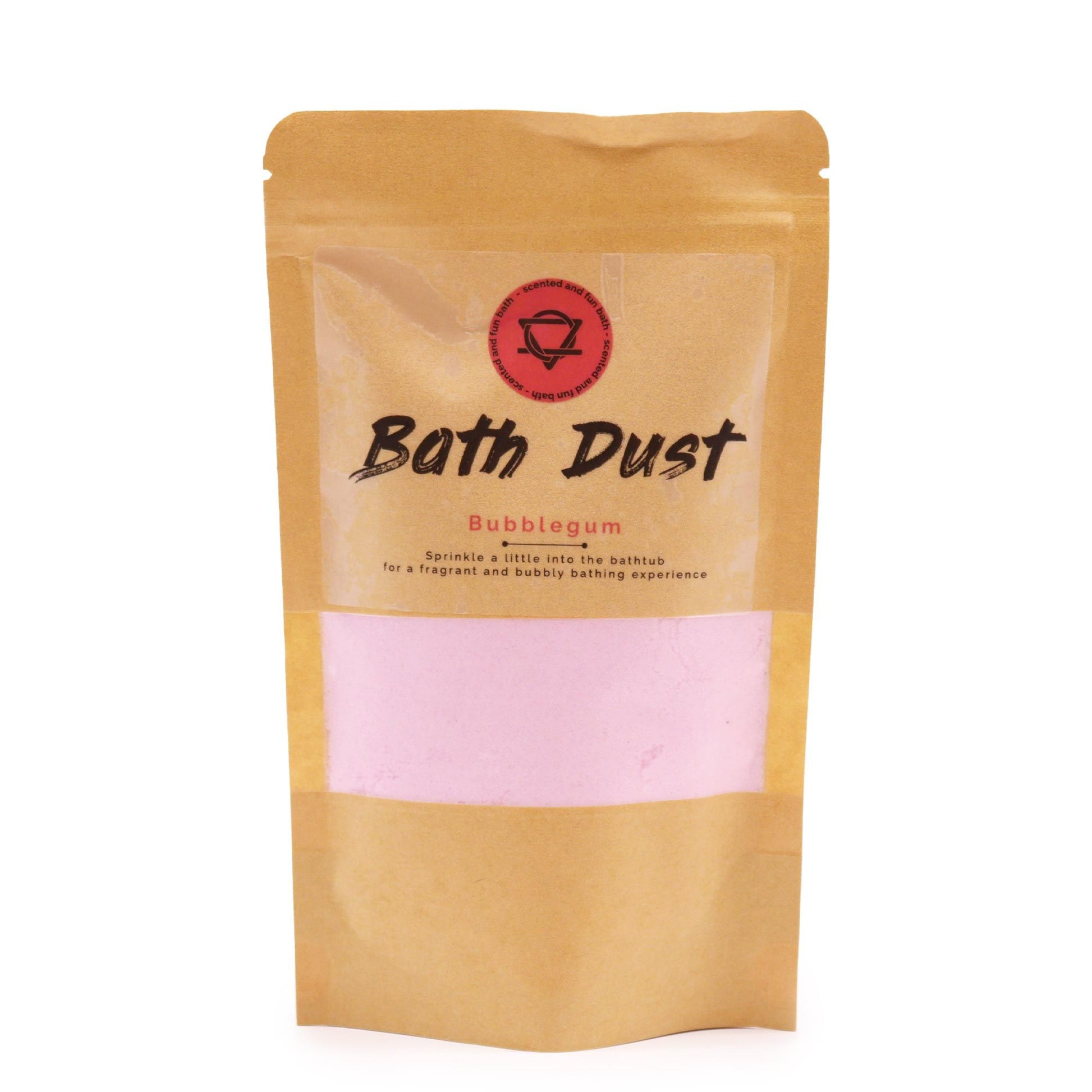 A stand-up kraft paper pouch containing light pink aromatic bath fizzing powder with a vintage-style label.