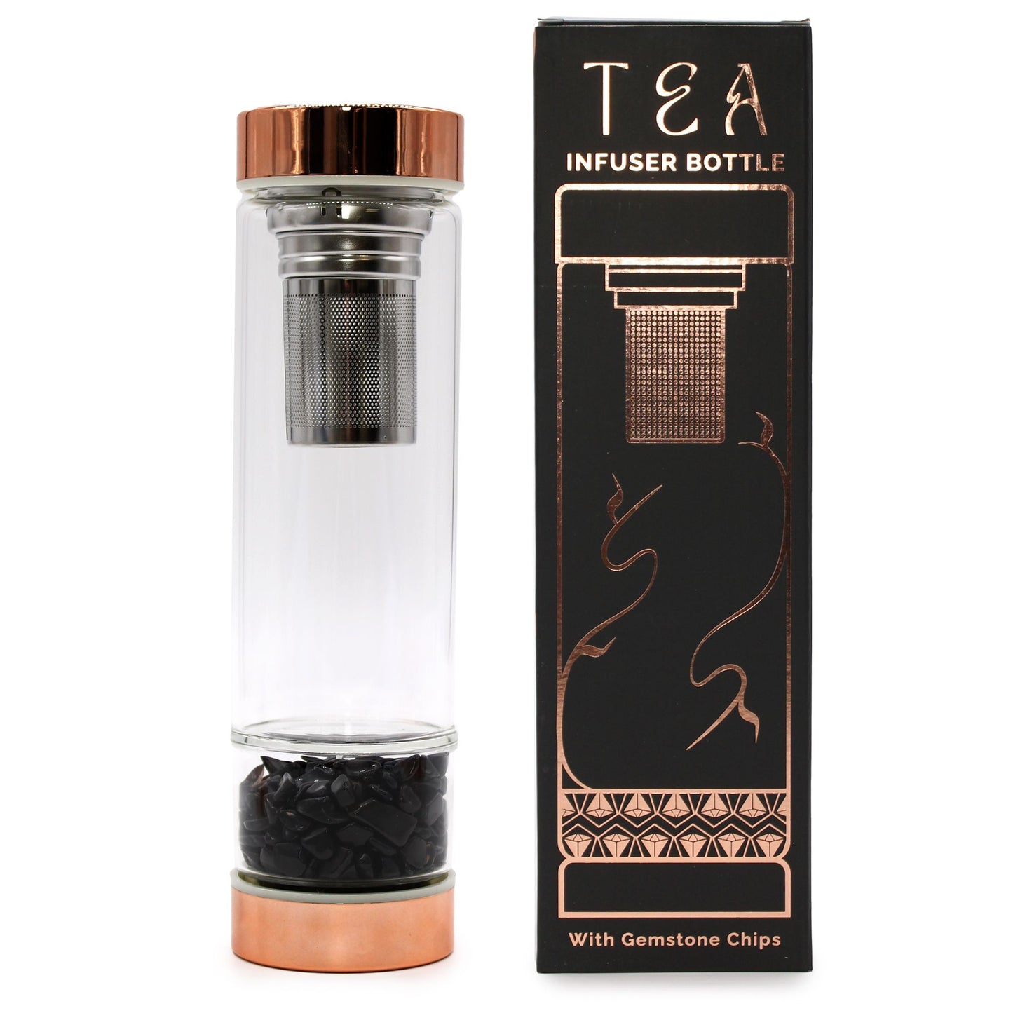 A high-end glass tea bottle with rose gold metallic trim and a base compartment filled with polished black Onyx gemstones.