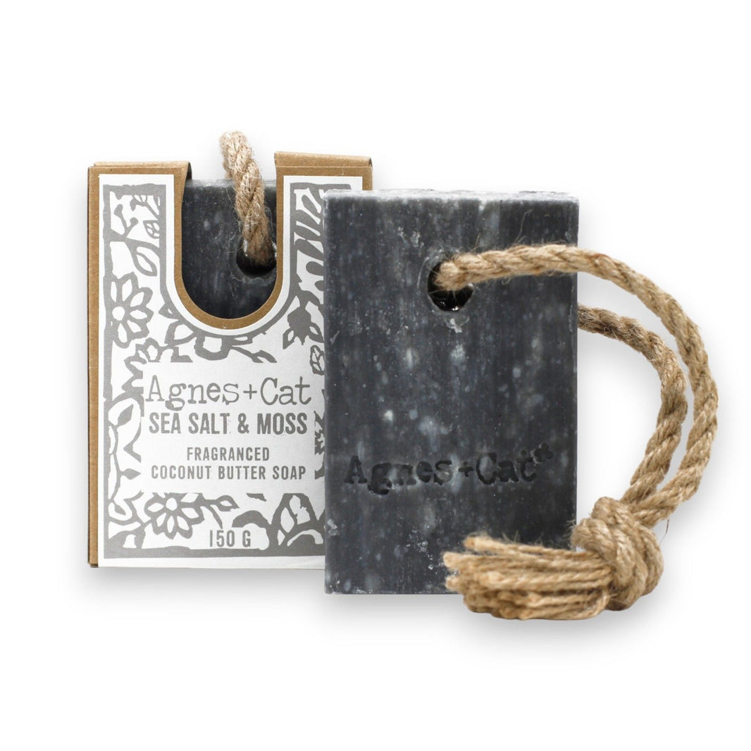 A 150g bar of blue and grey marbled artisan soap on a rope, scented with refreshing sea salt and botanical moss.