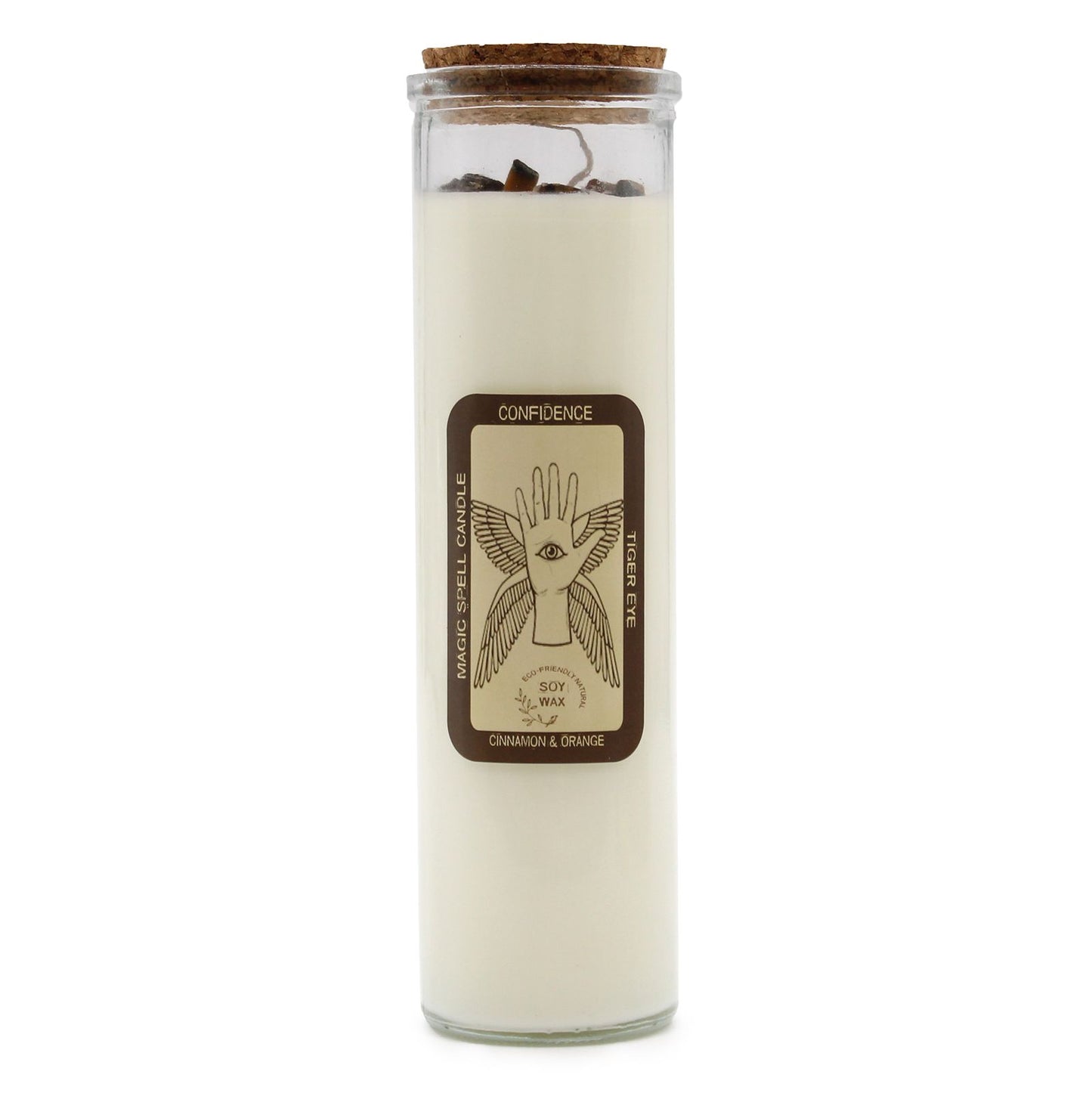 A white ritual pillar candle with a 'Confidence' label featuring sun and lion motifs for empowerment.