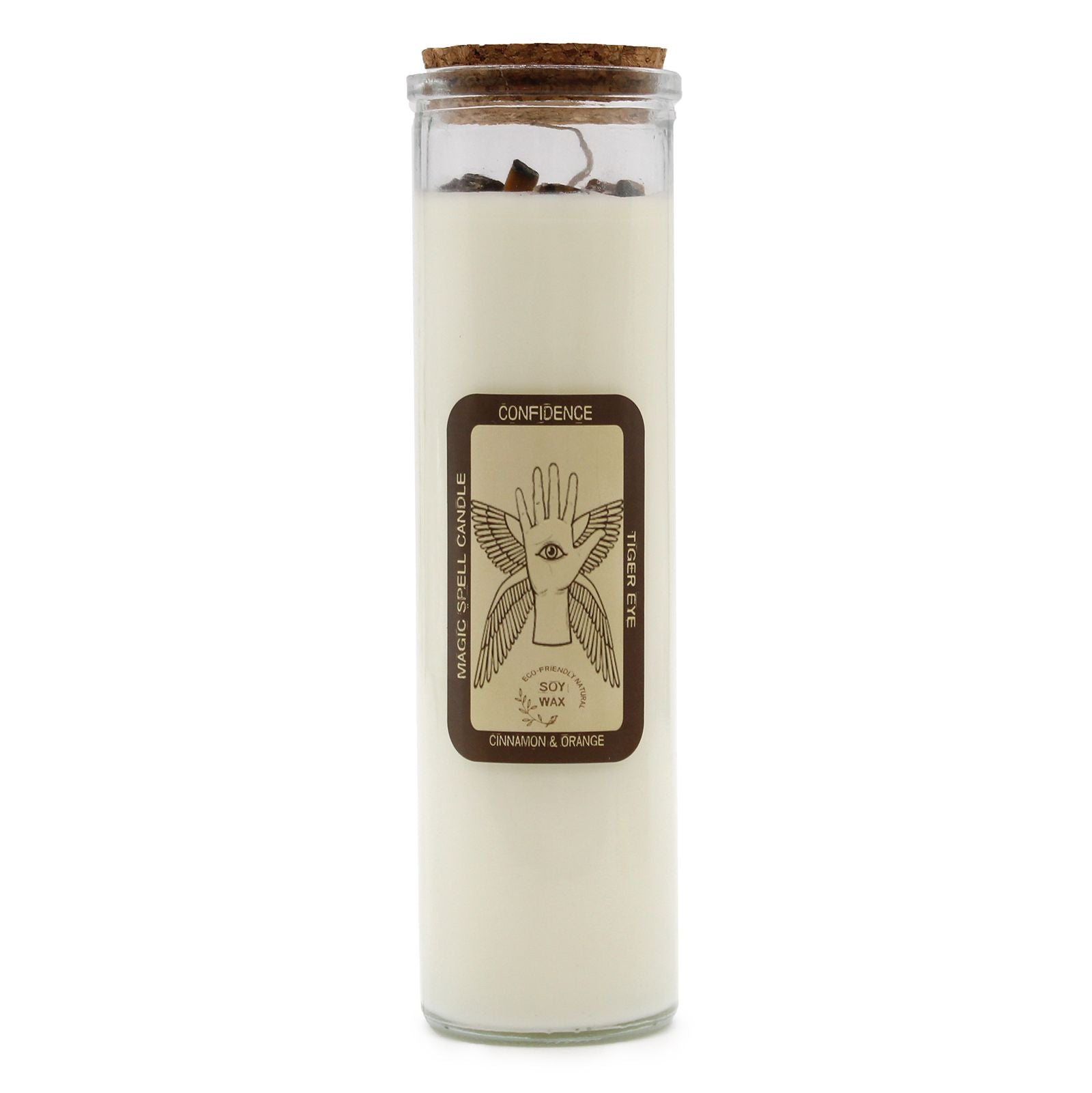 A white ritual pillar candle with a 'Confidence' label featuring sun and lion motifs for empowerment.