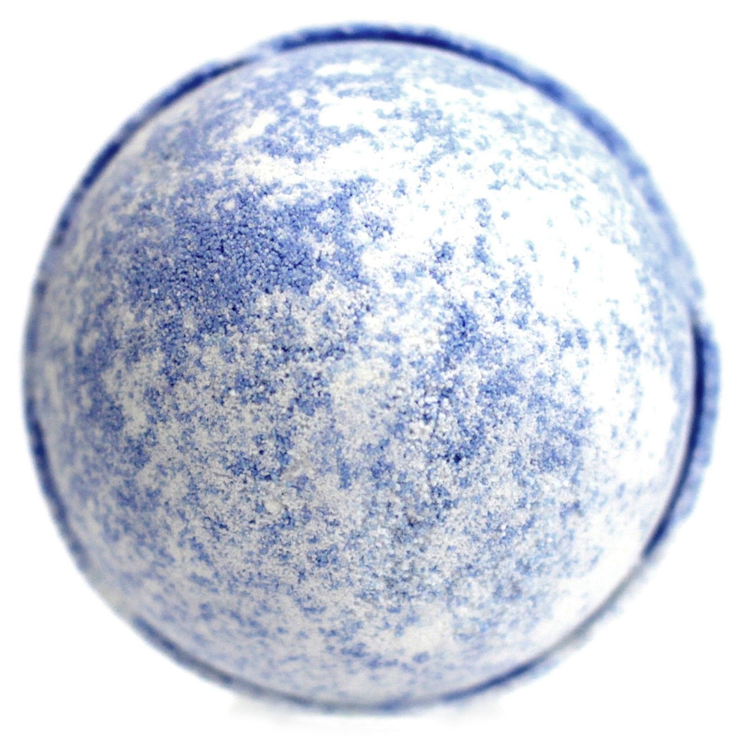 A large 180g blue and white marbled bath bomb featuring a rich fig and cassis scent and moisturizing shea butter.