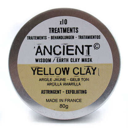 A metal tin containing 80g of fine yellow clay powder for natural skincare and facial mask treatments.