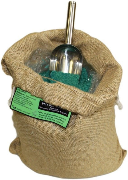A large 7kg rustic hessian sack filled with PMT Potion bath salts, featuring a traditional apothecary scoop.