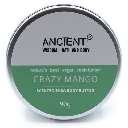 A 90g jar containing vibrant orange-tinted shea body butter with a zesty, energizing mango fragrance.