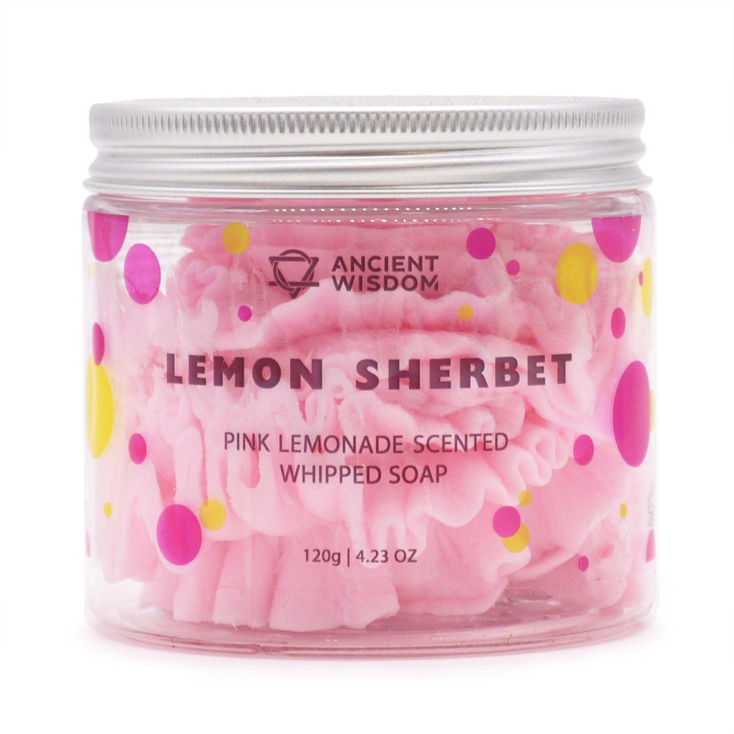A 120g clear jar containing bright pink and white swirled whipped cream soap with a zesty, refreshing citrus scent.